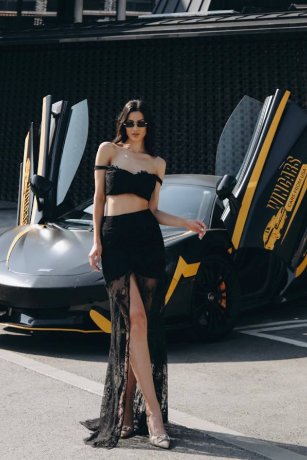 Lace top and skirt set in black: Illusion