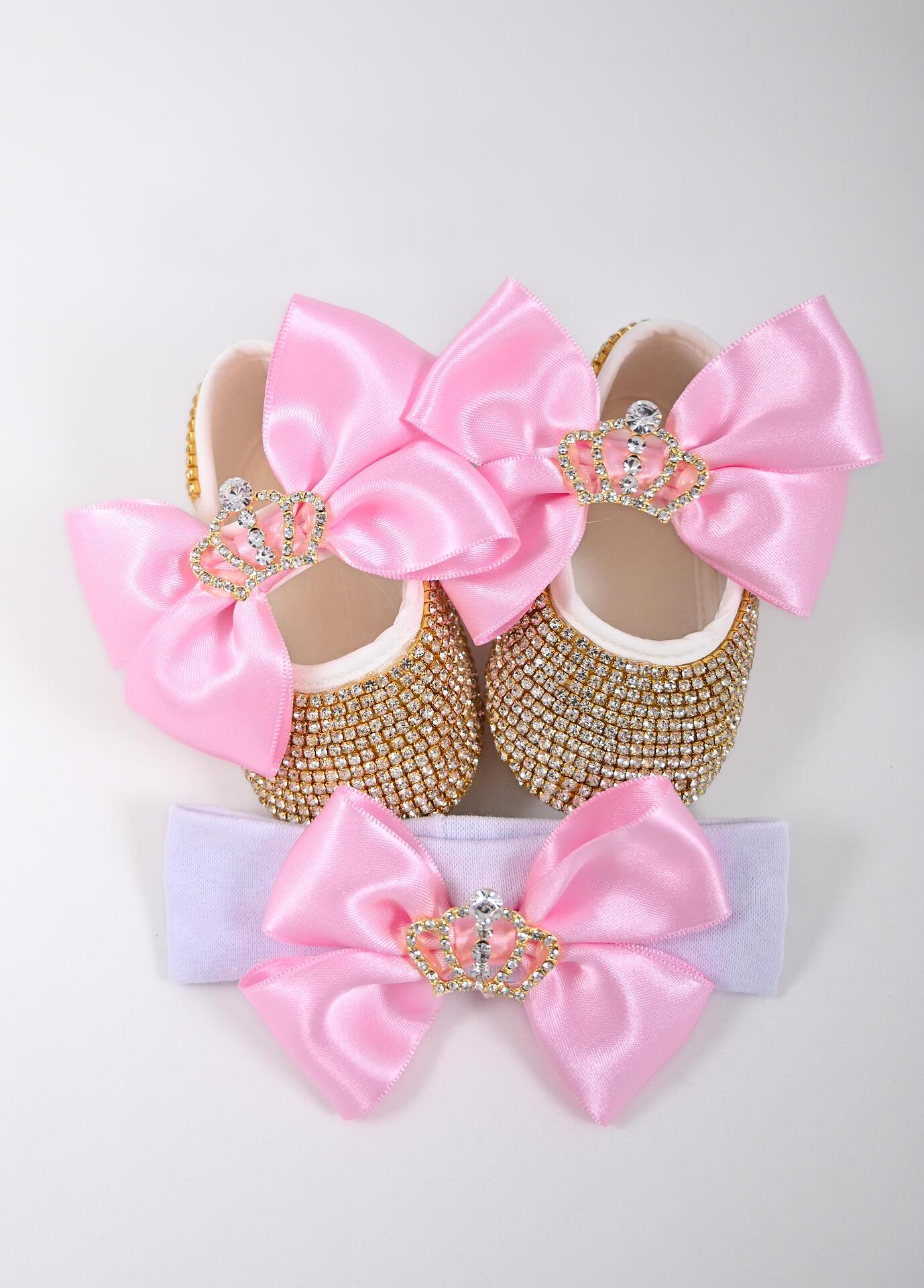 Baby shoes set with pink ribbon headband