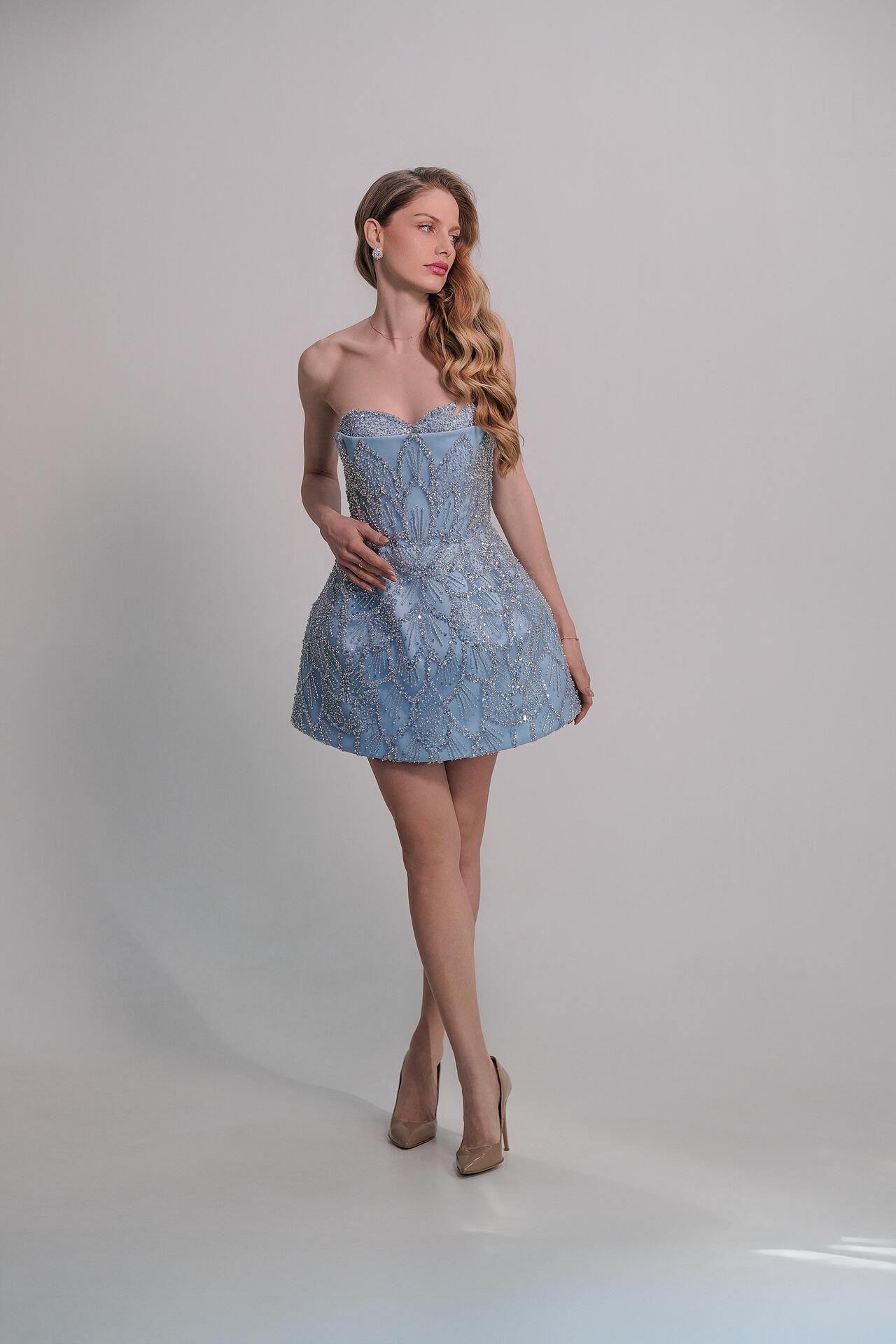 Short corset dress with crystals in blue: Medeline