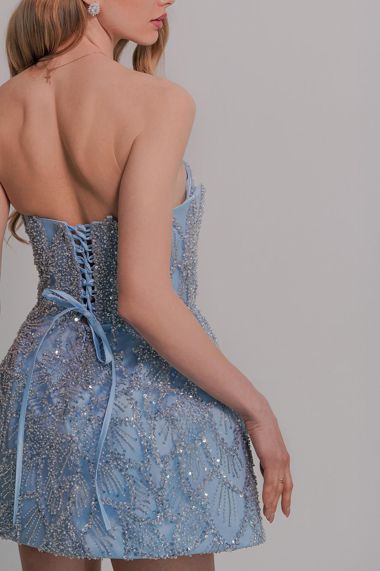 Short corset dress with crystals in blue: Medeline
