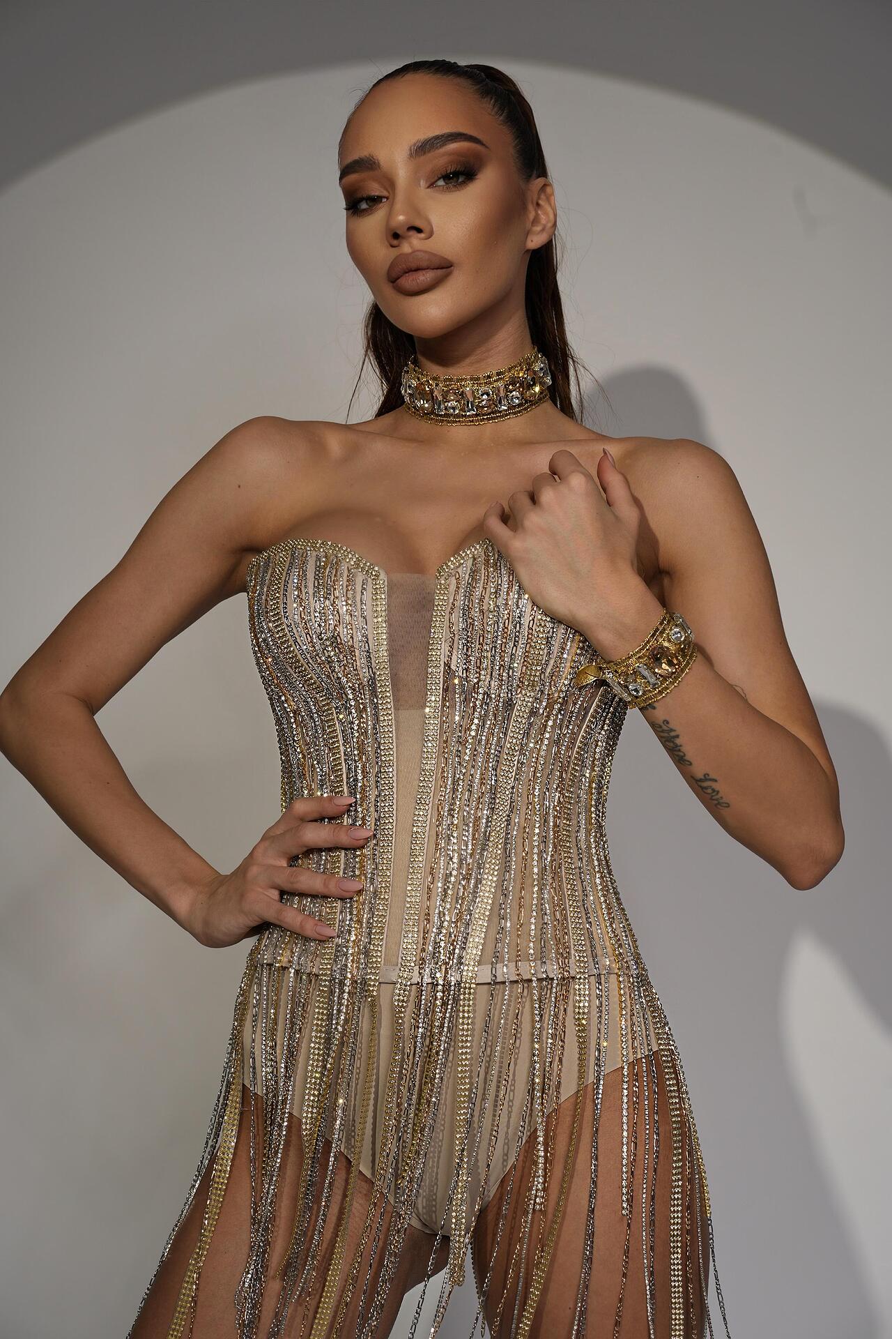 Corset with hanging crystals and chains