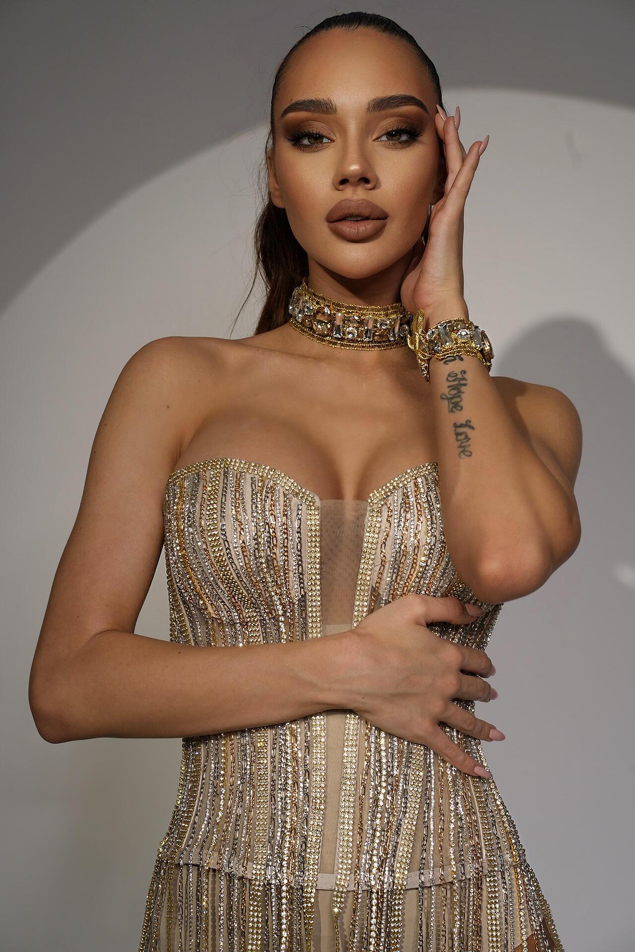 Corset with hanging crystals and chains