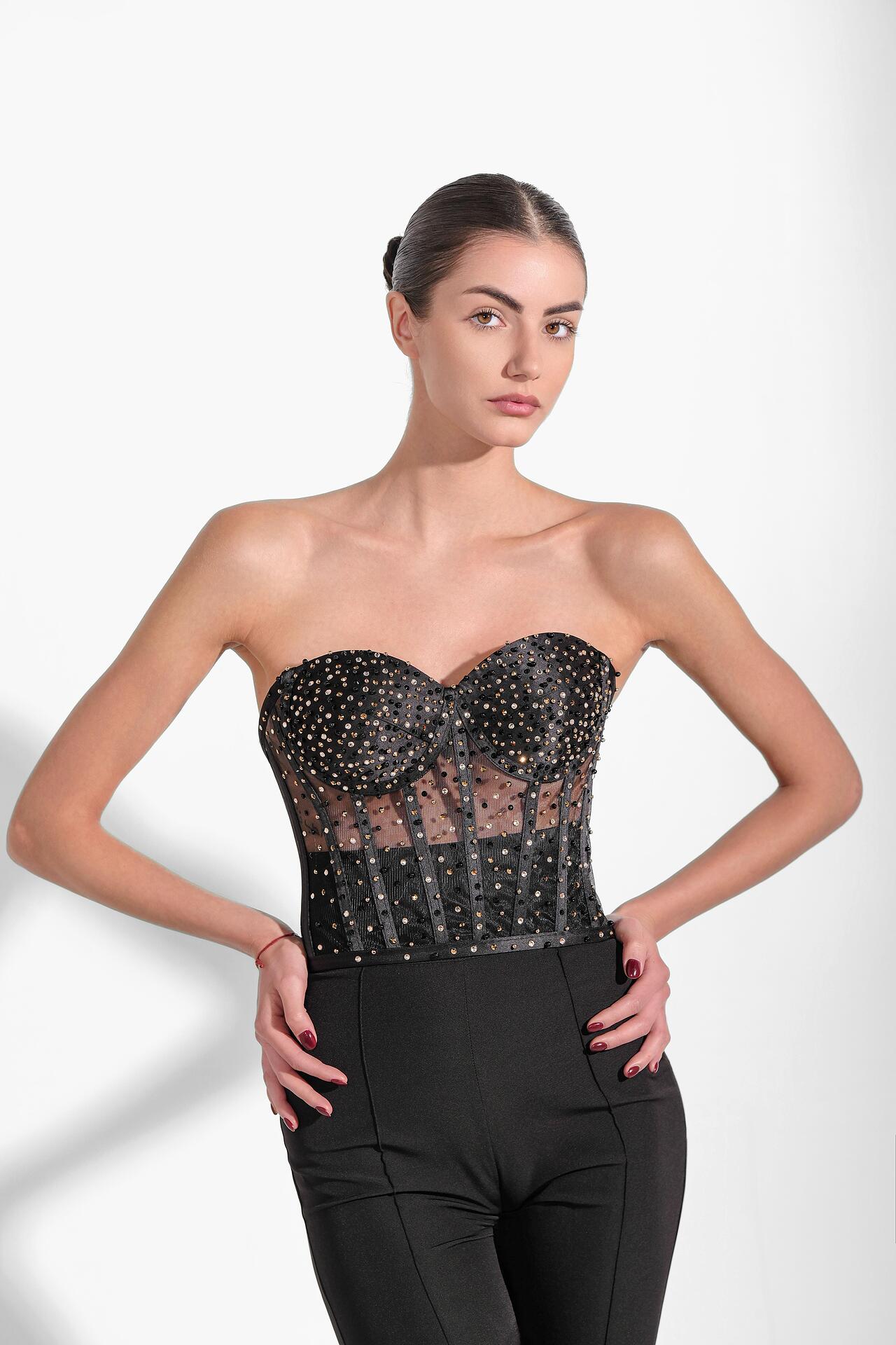Three-piece suit with stones and crystals in black: Renew 