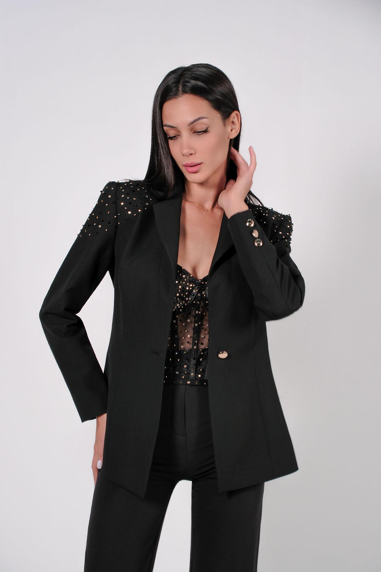 Three-piece suit with stones and crystals in black: Renew 