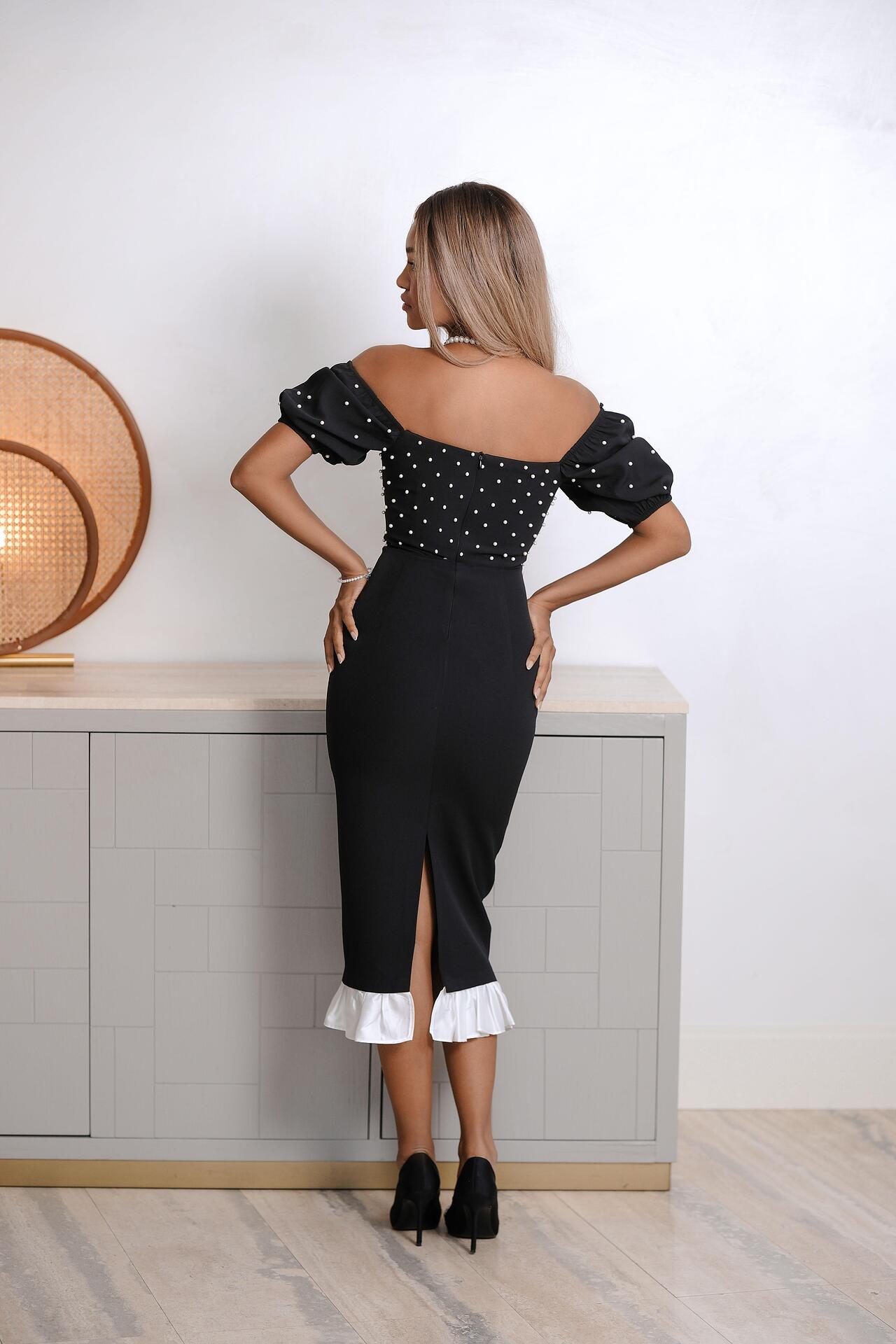 Mid-length dress with pearls: Slate